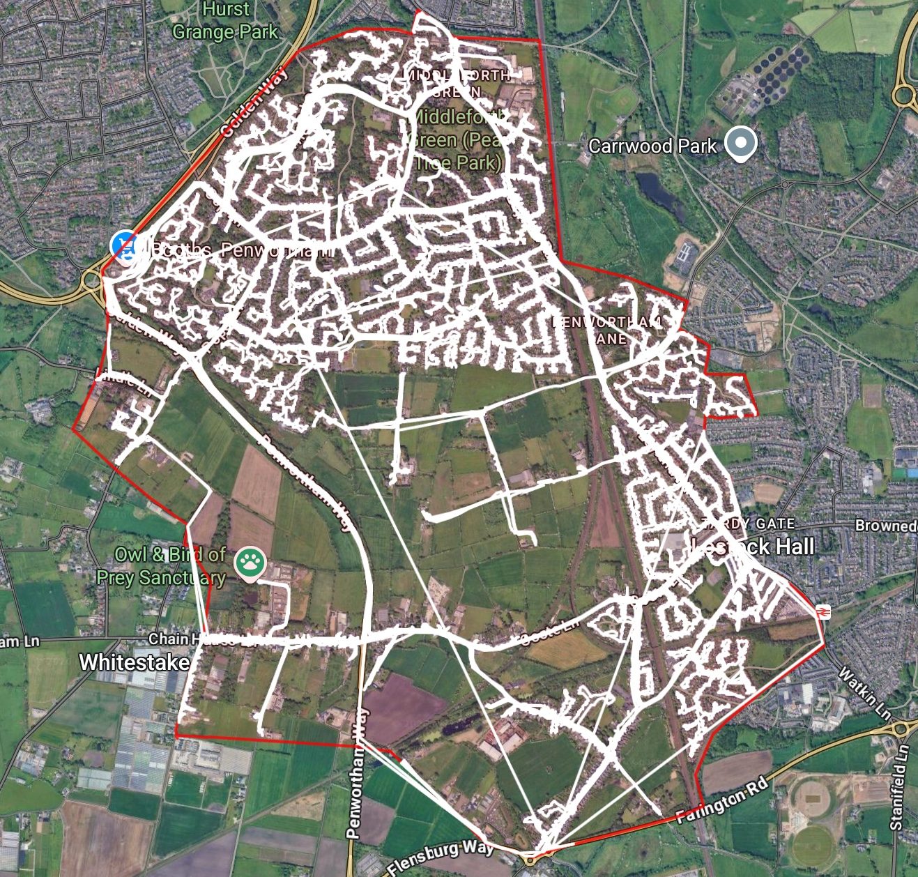 Example completed GPS delivery report showing route activity across an agreed campaign area