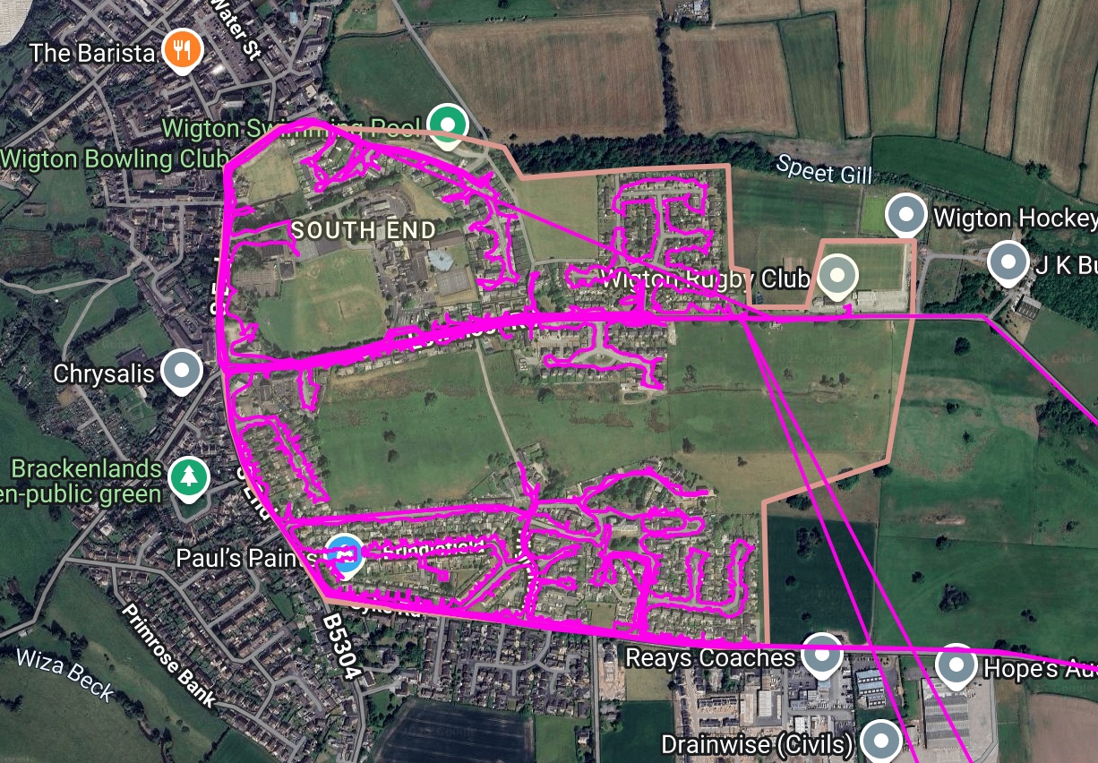 Wigton GPS delivery map showing recorded pink route activity inside the agreed campaign boundary