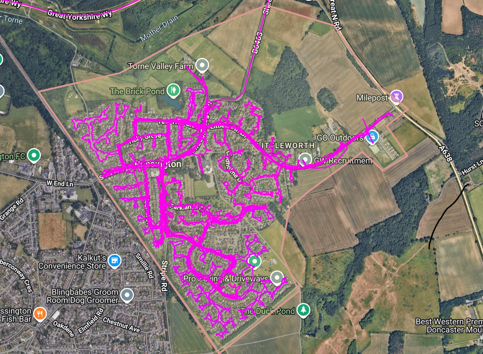 Littleworth GPS delivery map showing recorded pink route activity within the agreed campaign boundary