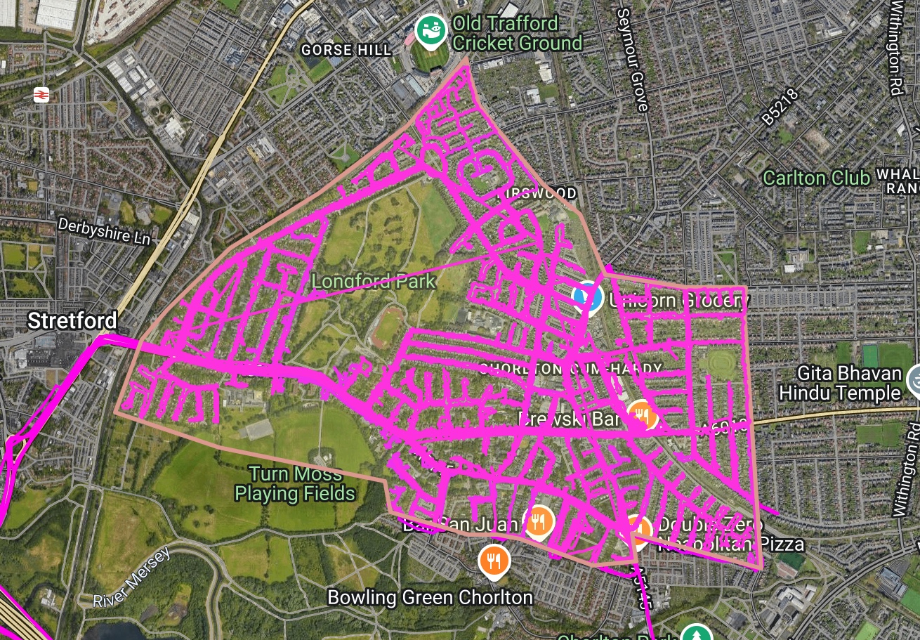 Old Trafford GPS delivery map showing recorded pink route activity within the agreed area