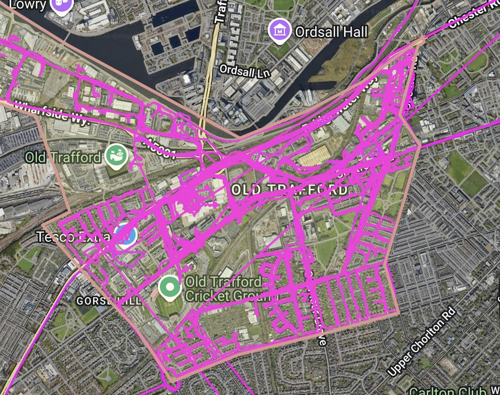Completed GPS delivery report showing the team's recorded routes across an agreed Old Trafford campaign boundary