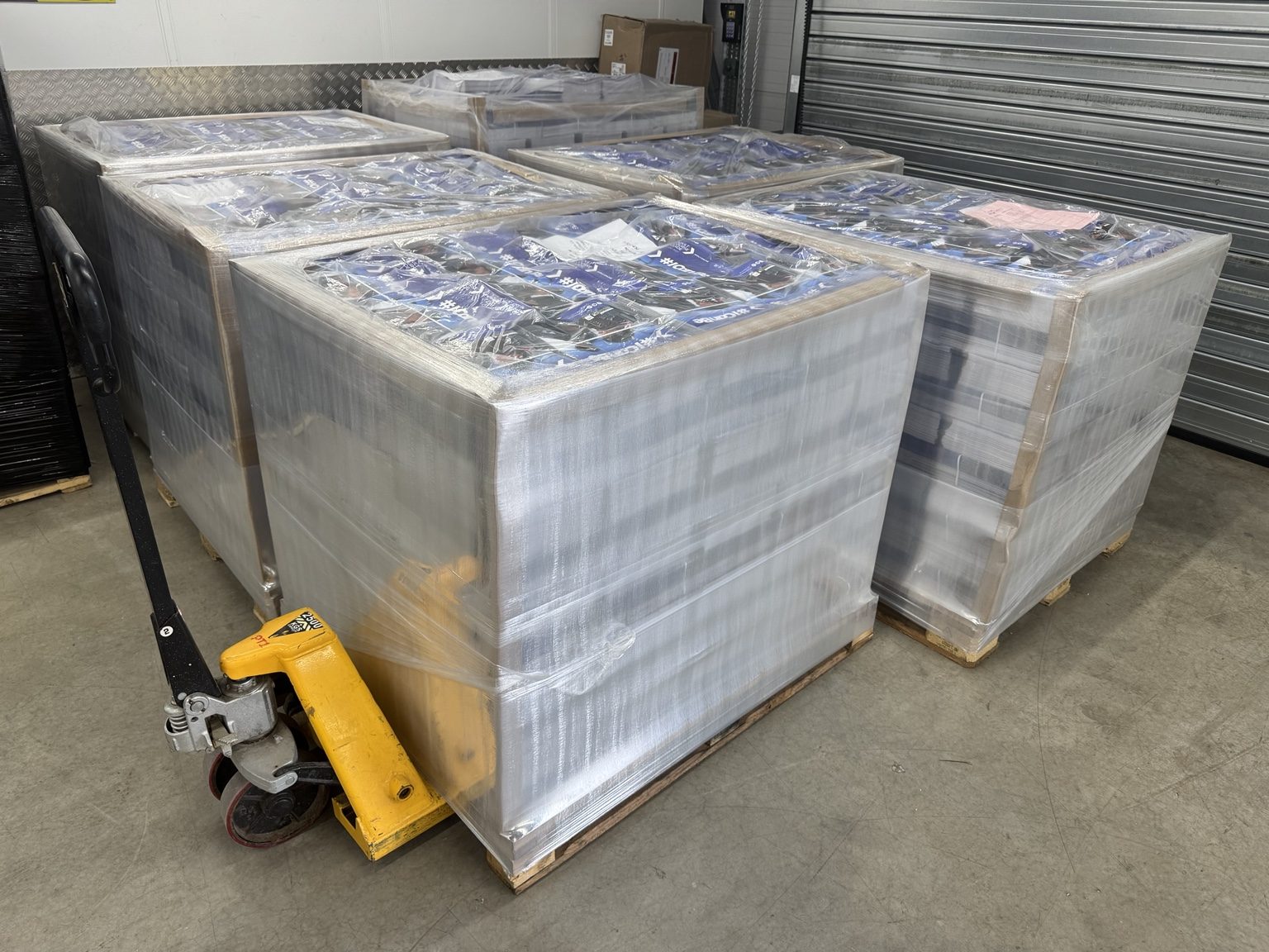 Pallets of campaign leaflets prepared for dispatch