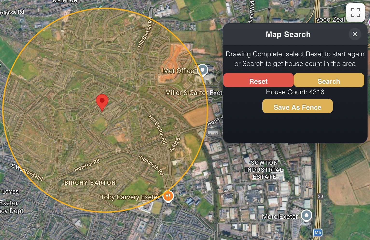 Radius map: The initial radius and estimated household count.